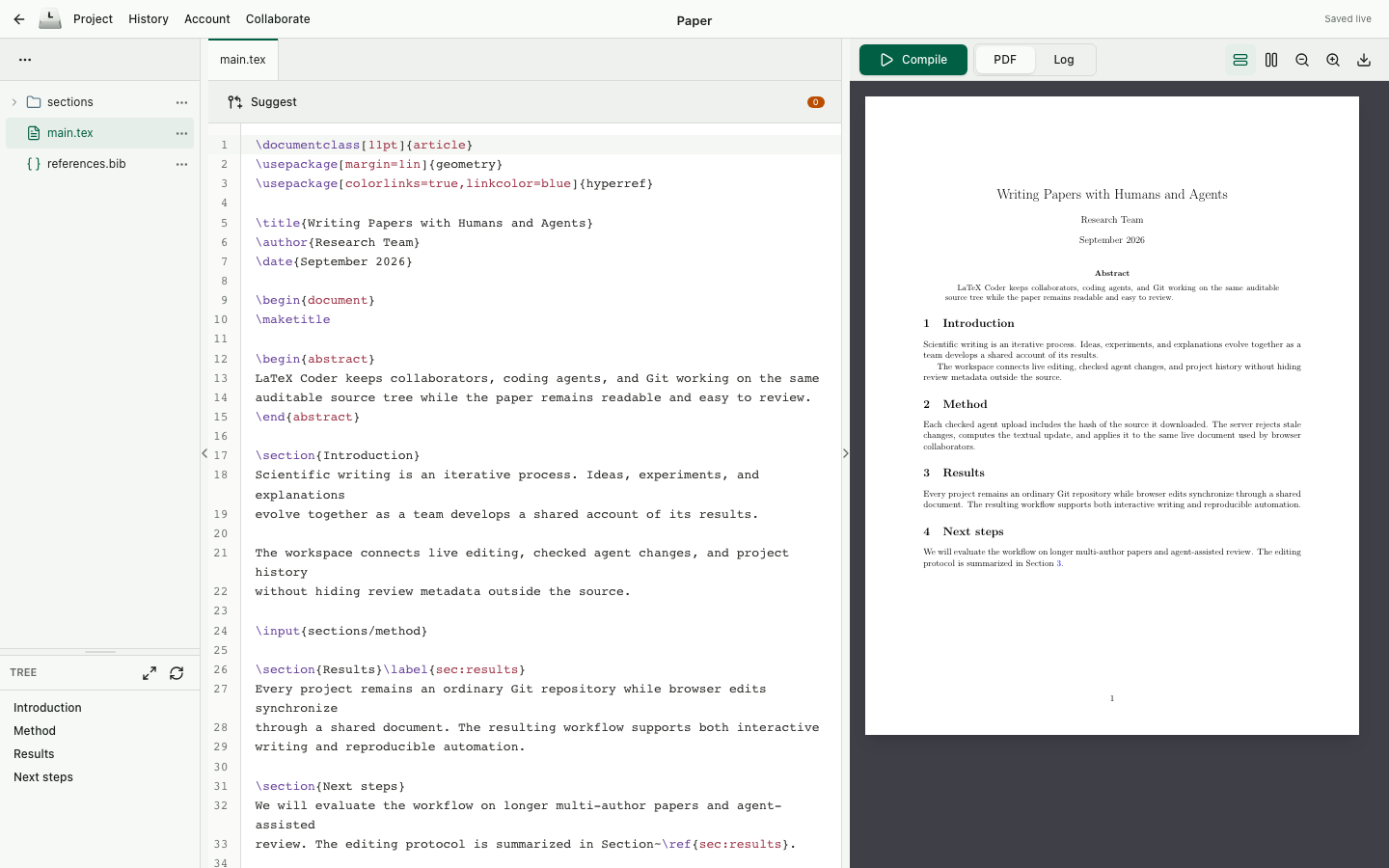 LaTeX Coder workspace with a project tree, source editor, and PDF preview